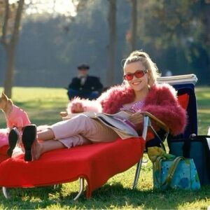 Pink Faux Fur Jacket, pink leather pants, pink Sunglasses, pink fluffy shoes